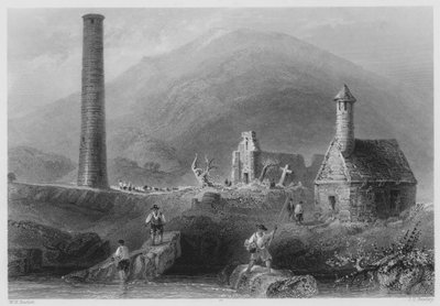 Rundetårn osv., Glendalough, County Wicklow (gravering) af William Henry (after) Bartlett