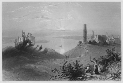 Syv kirker i Clonmacnoise, på Shannon (gravering) af William Henry (after) Bartlett