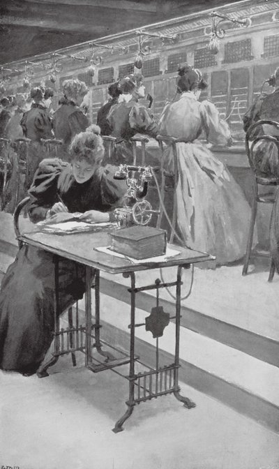 På arbejde i et telefonrum (litho) af William Henry (after) Margetson