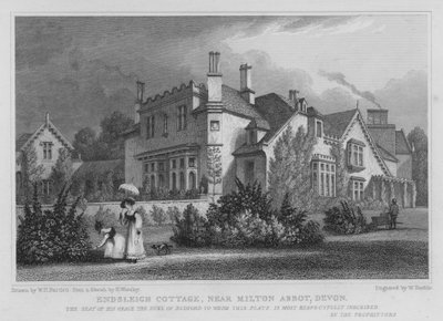 Endsleigh Cottage, nær Milton Abbot, Devon (gravering) af William Henry Bartlett