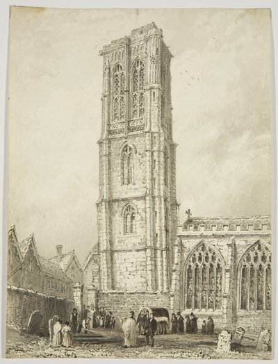 Yderside af Temple Church, viser en internering, ca. 1825 (blyant og akvarel på papir) af William Henry Bartlett