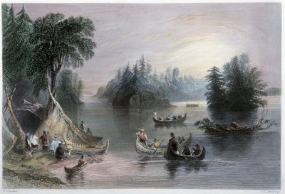 Indianske tipier og kanoer, bankerne ved Sankt Laurent - i "Canadian scenery illustrated" af W.H. Bartlett, London af William Henry Bartlett
