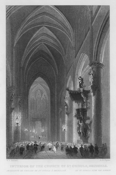 Interiør af St. Gudule-kirken, Bruxelles (gravering) af William Henry Bartlett