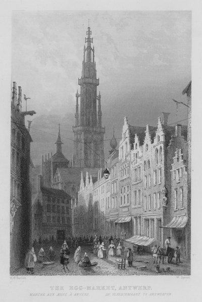 Æggemarkedet, Antwerpen (gravering) af William Henry Bartlett