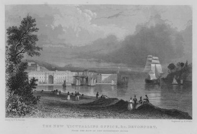 Det nye proviantkontor osv., Devonport, fra bagsiden af regeringshuset (gravering) af William Henry Bartlett