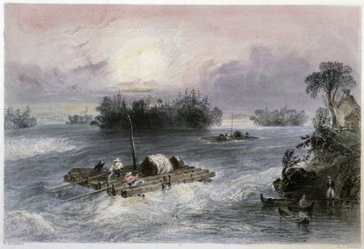 Transport af træ og vandfald til landsbyen Cedars - i "" canadisk landskab illustreret" af Bartlett W. H. af William Henry Bartlett