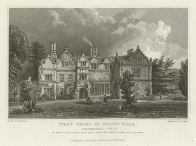 Vestfacaden af Spains Hall, Finchingfield, Essex, sæde for John Ruggles Brice, Esquire af William Henry Bartlett