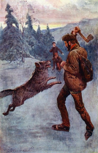"Han skød; og dyret faldt omkuld i det øjeblik, det var ved at springe ud, snerrende og hvæsende" (farve litho) af William Henry Charles Groome