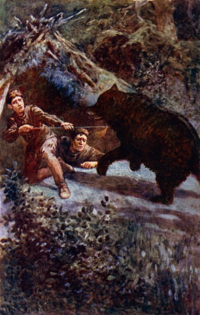 "Jeg stødte spydet af al min kraft ind i bjørnens bryst" (farve litho) af William Henry Charles Groome
