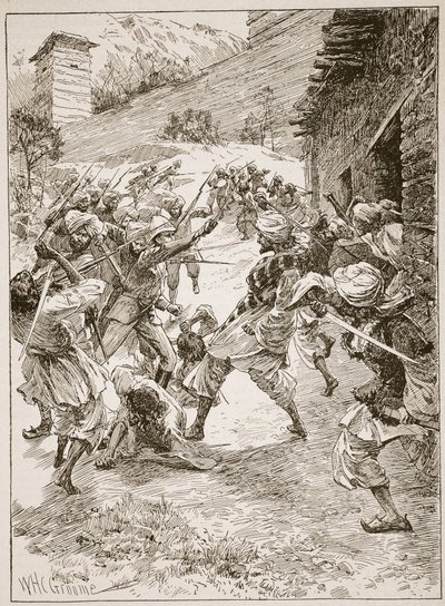 Løjtnant Harley, i spidsen for fyrre sikher og tres kashmirere, styrtede huset over minens munding, illustration fra "Battles of the Nineteenth Century" af Archibald Forbes, G.A. Henty an af William Henry Charles Groome