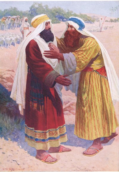 Mødet mellem Jakob og Esau, fra Bibelens billedbog udgivet af Thomas Nelson, ca. 1950 af William Henry Charles Groome