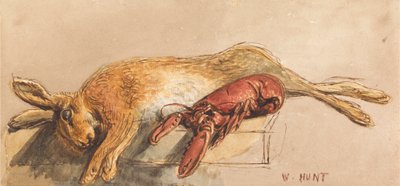 En død hare og en kogt hummer på en bænk af William Henry Hunt