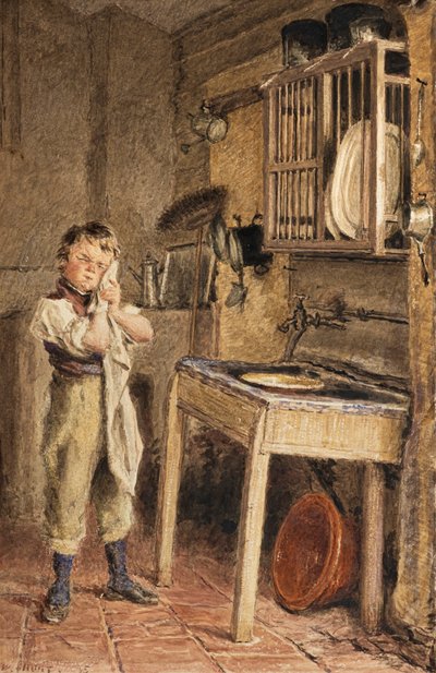 En ung dreng vasker sig ved køkkenvasken (akvarel) af William Henry Hunt