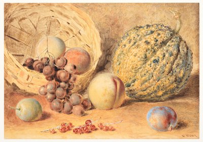 Kurv med melon, ferskner, vindruer og blommer, ca. 1804 (grafit, akvarel tilsat noget gummi arabicum, kropsfarve og ridser ud på vævet papir) af William Henry Hunt