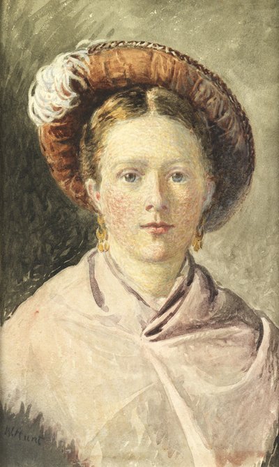 Dame i en fjerbeklædt hat (akvarel på papir) af William Henry Hunt