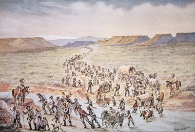 Mormonske håndkærrepionerer på vej mod vest til Utah i 1850 (farve litho) af William Henry Jackson