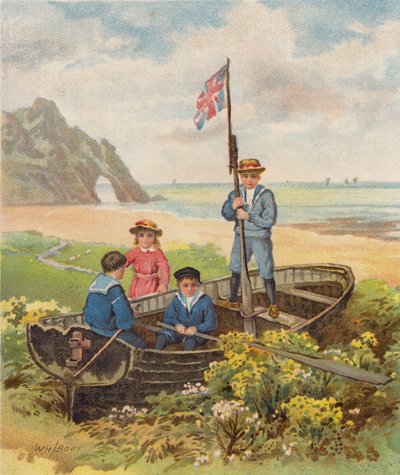 Børn leger i en båd på stranden (chromolitho) af William Henry James (after) Boot