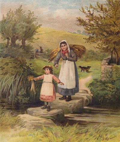 Kvinde og pige krydser et vandløb over trædesten (chromolitho) af William Henry James (after) Boot