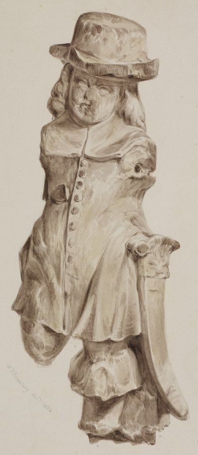 Udskåret figur i eg, på et tidspunkt i døren til huset bygget på stedet for Boars Head Tavern, Eastcheap, 1834 (vask på papir) af William Henry Kearney