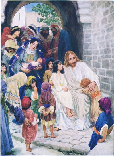 Jesus og børnene, fra Bibelens billedbog udgivet af Thomas Nelson, ca. 1950 af William Henry Margetson