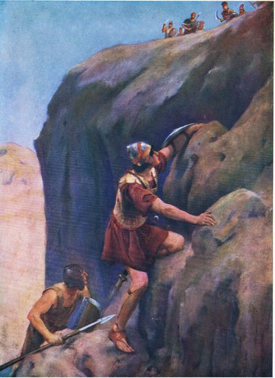 Jonathan og hans rustningsbærer, fra The Bible Picture Book udgivet af Thomas Nelson, ca.1950 af William Henry Margetson