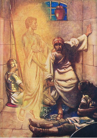Peter udfriet fra fængslet, fra Bibelens billedbog udgivet af Thomas Nelson, ca. 1950 af William Henry Margetson