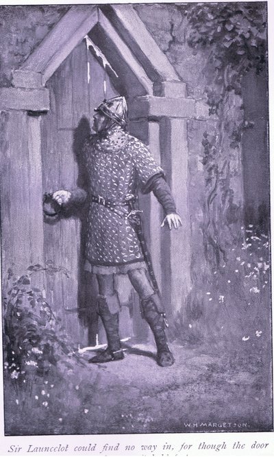 Sir Launcelot kunne ikke finde nogen vej ind, for selv om døren var gammel og slidt, holdt den fast. af William Henry Margetson