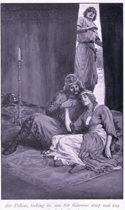 Sir Pelleas, der kiggede ind, så Sir Gawaine bøje sig ned og kysse lady Ettard. af William Henry Margetson