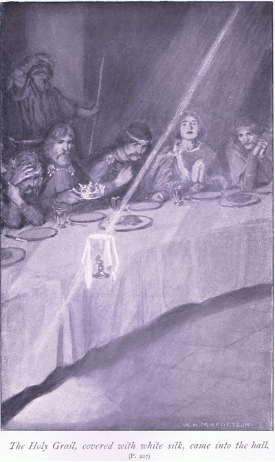 Den hellige gral, dækket med hvid silke, kom ind i salen af William Henry Margetson