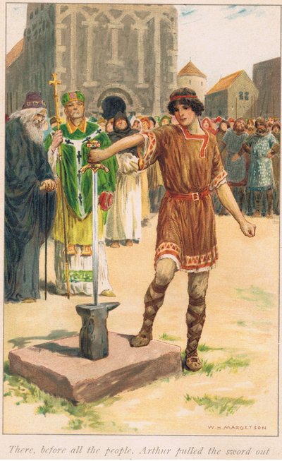 Der trak Arthur sværdet ud af stenen foran hele folket. af William Henry Margetson