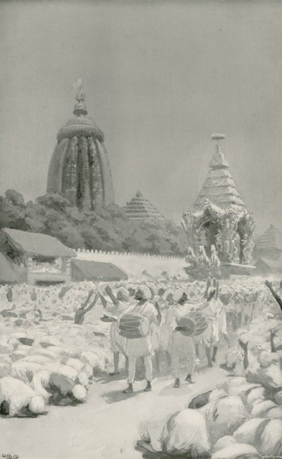 Tilbedere, der bøjer sig foran den berømte bil ved Jagannath-festivalen af William Henry Margetson