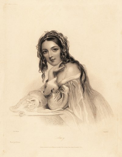 Portræt af Amy. Skønhed iført et slør over langt hår, hermelin-trimmet off-the-shoulder kjole, holder en perlekæde. Stålstiftsgravering af William Henry Mote efter en illustration af John Hayter fra Charles Heath