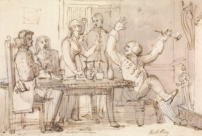En illustration til Rob Roy: Interiør med en festdrikning af William Henry Pyne