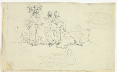 Figurer med Markedsvarer og Tre Skitser af William Henry Pyne