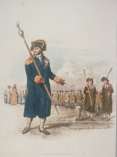 Parish Beadle i borgerdragt med en stav, 1805 af William Henry Pyne