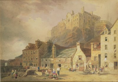 Edinburgh Castle fra Grass Market, der viser Little West Port, ca. 1820 (wc og sepia) af William Henry Stothard