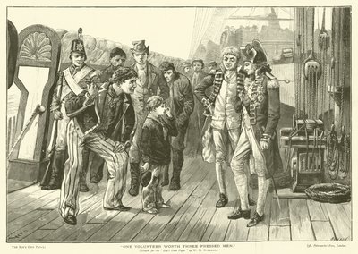 En frivillig til en værdi af tre pressede mænd (gravering) af William Heysham (after) Overend