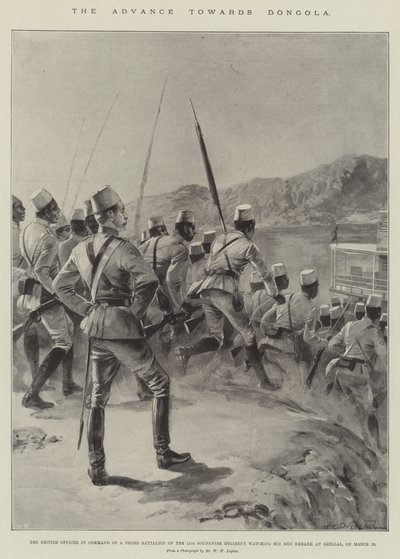 Fremrykningen mod Dongola, den britiske officer i kommando af en negerbataljon fra det 11. soudanesiske regiment, der ser sine mænd gå om bord i Shellal, den 18. marts (litho) af William Heysham (after) Overend