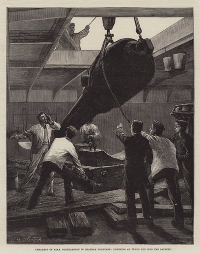 Bevæbning af HMS Northampton i Chatham Dockyard, sænker en 18-tons pistol ned i batteriet af William Heysham Overend