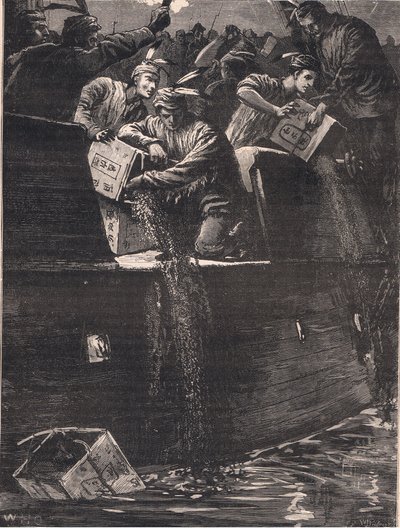 Boston-drenge forklædt som indianere smider te-kisterne i havnen AD 1773 af William Heysham Overend