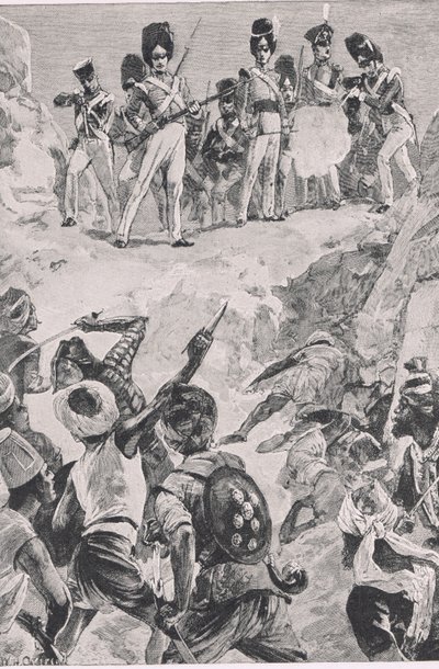 Carmichaels tilhængere affyrede en salve ind i den tætte klynge af mænd: Slaget ved Bharatpur 1826 , illustration fra British Battles on Land and Sea , 1915 af William Heysham Overend