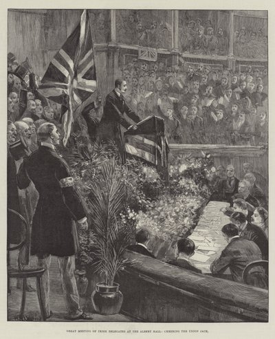 Stort møde for irske delegerede i Albert Hall, der hepper på Union Jack af William Heysham Overend