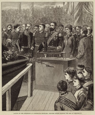 Lancering af Inflexible på Portsmouth Dockyard, Prinsesse Louise starter skibet med elektricitet af William Heysham Overend