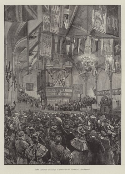 Lord Salisbury taler til et møde i Guildhall, Londonderry af William Heysham Overend
