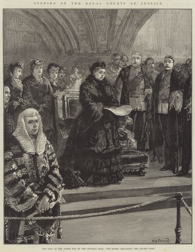 Åbning af Royal Courts of Justice, Dais i den nordlige ende af Central Hall, Dronningen erklærer domstolene åbne af William Heysham Overend