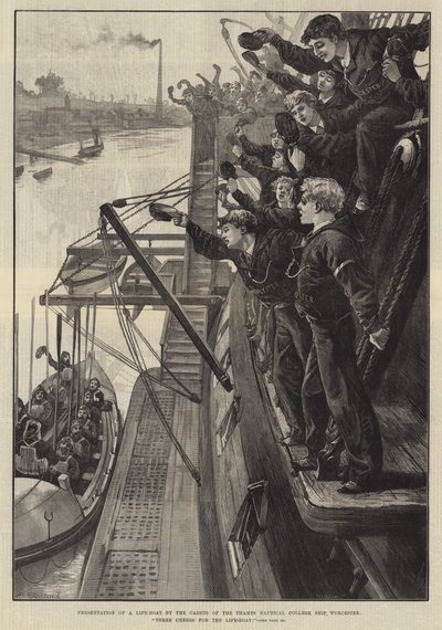 Præsentation af en redningsbåd af kadetterne fra Thames Nautical College Ship, Worcester, Tre jubel for redningsbåden! af William Heysham Overend