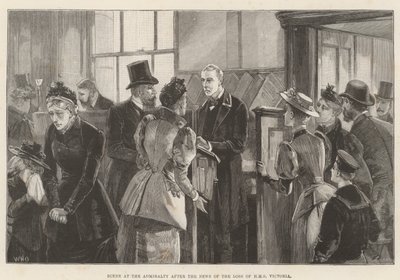 Scene ved Admiralitetet efter nyheden om tabet af HMS Victoria af William Heysham Overend