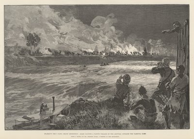 Stanleys Emin Pasha nødhjælpsekspedition, arabere, der raiderer en indfødt landsby på Aruwimi, overfor Yambuya-lejren af William Heysham Overend