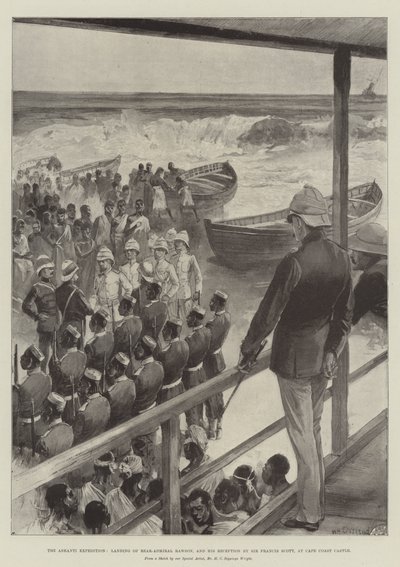 Ashanti-ekspeditionen, landing af kontreadmiral Rawson og hans modtagelse af Sir Francis Scott ved Cape Coast Castle af William Heysham Overend