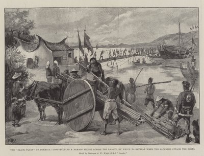 De sorte flag i Formosa, der bygger en bambusbro over lagunen, hvor de kan trække sig tilbage, når japanerne angriber fortet af William Heysham Overend
